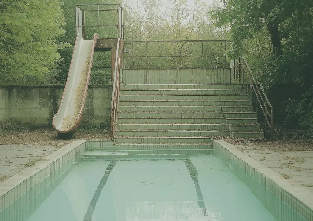 Imaginary abandoned training pool and water slide